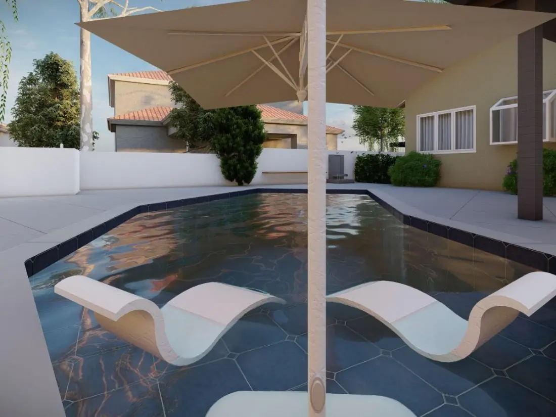 3D design rendering of a tanning ledge with two in-water loungers under an umbrella