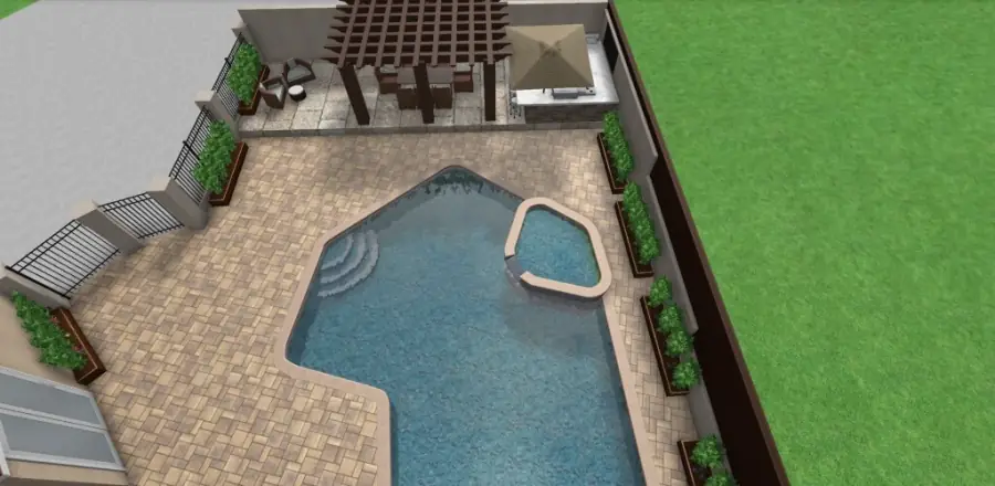 3D design rendering of a pool, spa and paver deck for an Altadena backyard