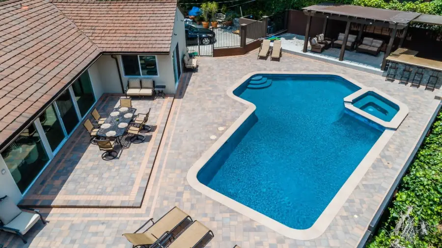 Remodeled pool and spa with a new paver deck in Altadena, seen from above