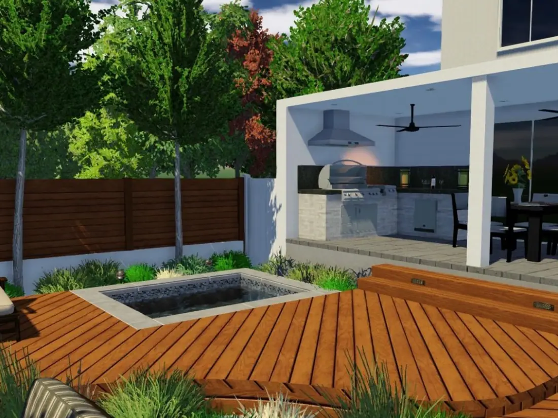 Pacific Palisades 2 3D design rendering of a spa set into a wood deck beside a covered outdoor kitchen