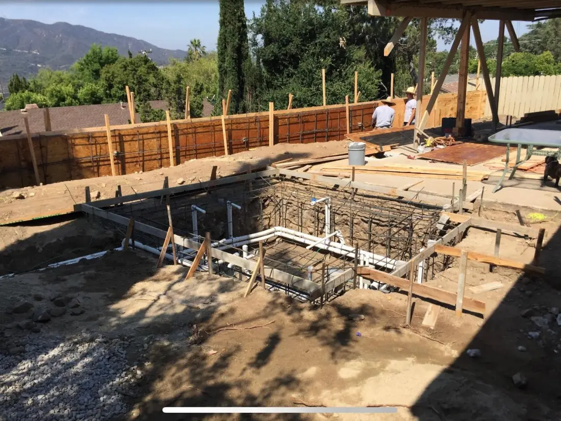La Crescenta 2 Spa excavation with rebar and plumbing lines set in wood forms